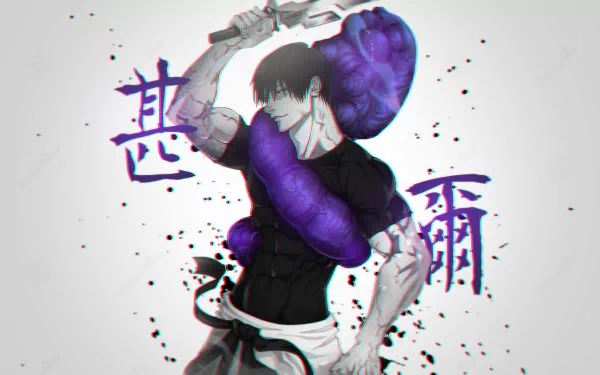 HD PC desktop wallpaper featuring Toji Fushiguro from the anime Jujutsu Kaisen, showcasing him with a purple energy aura and Japanese characters in the background.