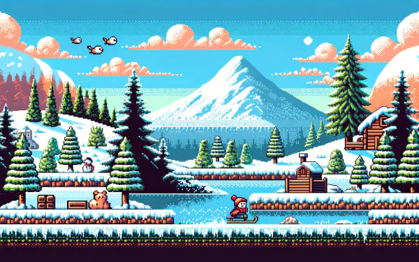 HD pixel art wallpaper featuring a winter scene with sledding, snowy mountains, pine trees, and a clear blue sky.