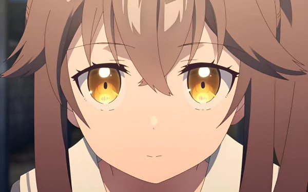 Close-up of an anime character from Sasaki and Peeps (Otonari-san) with amber eyes, featured as a 4K Ultra HD PC desktop wallpaper.