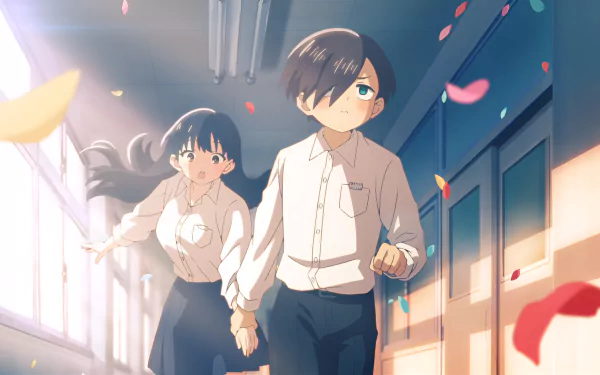Anime wallpaper from The Dangers in My Heart featuring Anna Yamada and Ichikawa Kyoutarou in a sunlit school hallway, rendered in 8K Ultra HD detail.