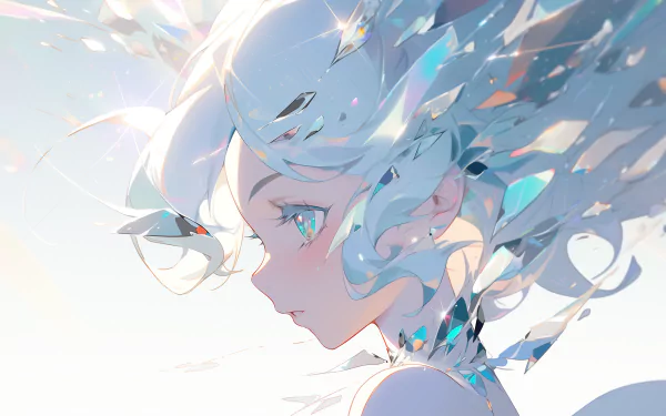HD anime wallpaper featuring a side profile of an anime girl with blue hair and sparkling fragments around her.