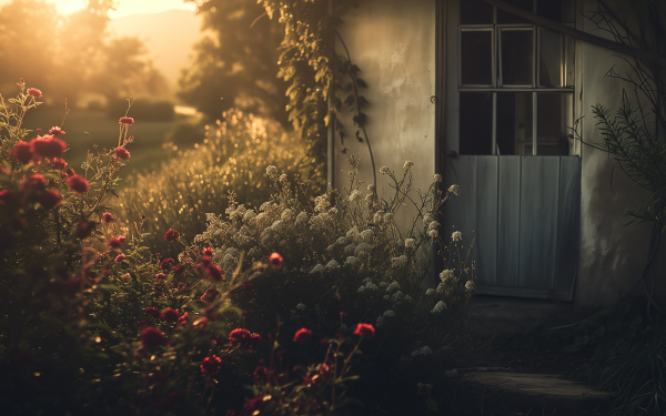 HD desktop wallpaper featuring a serene garden with blooming flowers beside a rustic door, bathed in warm sunlight.