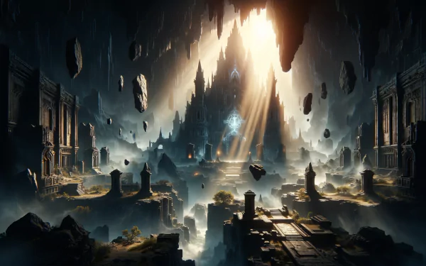 Enchanting HD fantasy castle wallpaper with floating rocks and mystical light beams for desktop background.