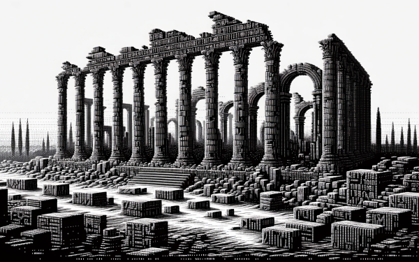 HD wallpaper of ancient ruins with a series of majestic columns in high-contrast monochrome, ideal for desktop background.