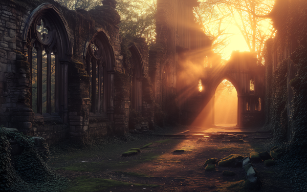 HD wallpaper of sun rays beaming through an ancient gothic ruin at sunset, creating a mystical atmosphere perfect for a desktop background.