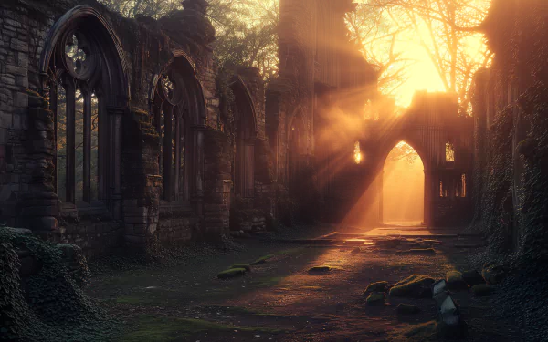 A captivating HD wallpaper showcasing ancient ruins bathed in golden sunlight, with ethereal beams piercing through crumbling archways and lush greenery surrounding the scene.