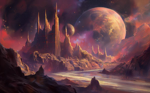 A stunning sci-fi castle rises amidst vibrant cosmic landscapes, featuring planets and a serene river, creating a captivating HD desktop wallpaper and background.
