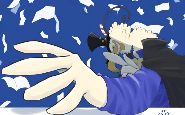 Anime HD PC desktop wallpaper of Morgans (One Piece): stylized portrait with oversized outstretched hand and fluttering papers on a bold blue background.