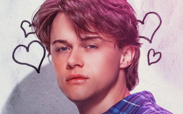 HD wallpaper featuring a character from Mean Girls (2024) with artistic heart doodles in the background.