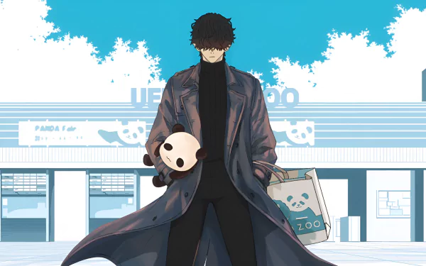 HD anime desktop wallpaper featuring Warumono-san from Mr. Villain's Day Off, standing calmly with a panda mask and shopping bag against a bright blue sky.