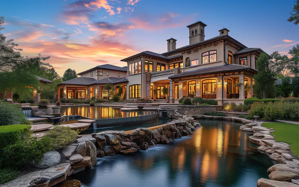 Luxury mansion dream home with pool and garden at sunset, HD desktop wallpaper and background.