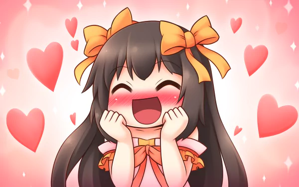 A cute, kawaii character with black hair and orange bows beams with joy against a backdrop of pink hearts, creating a happy and vibrant HD desktop wallpaper.