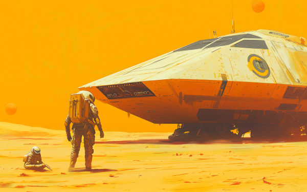 Sci-fi themed HD wallpaper featuring a spaceship on a desert planet with an astronaut and robot.