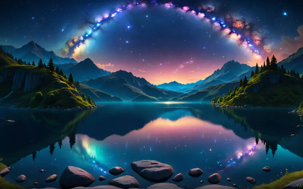 Stunning Milky Way reflection on a serene lake, creating a breathtaking landscape, ideal as an artistic HD desktop wallpaper.