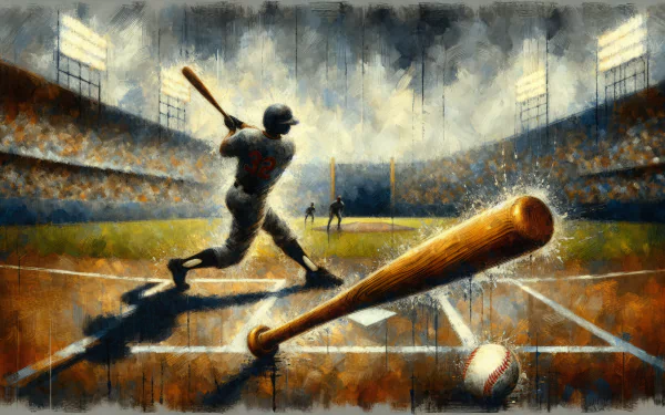 Artistic HD wallpaper of a baseball player swinging a bat with intense action, featuring a spotlighted baseball bat and ball in the foreground at a vibrant stadium setting.