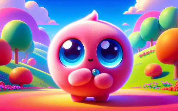 HD desktop wallpaper featuring an adorable cartoon creature with large eyes in a colorful fantasy landscape.