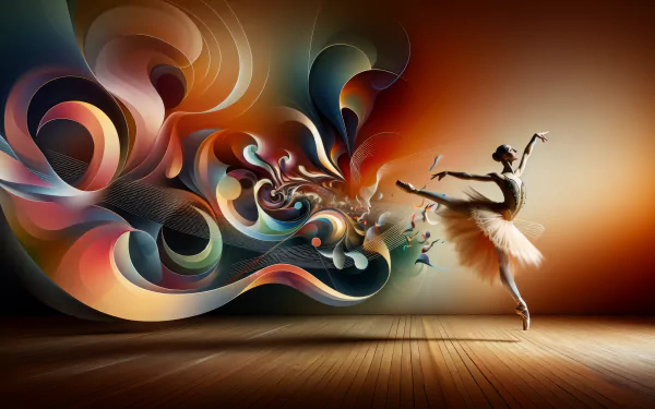 Ballet dancer in motion with abstract artistic swirls on a wooden floor, HD desktop wallpaper and background