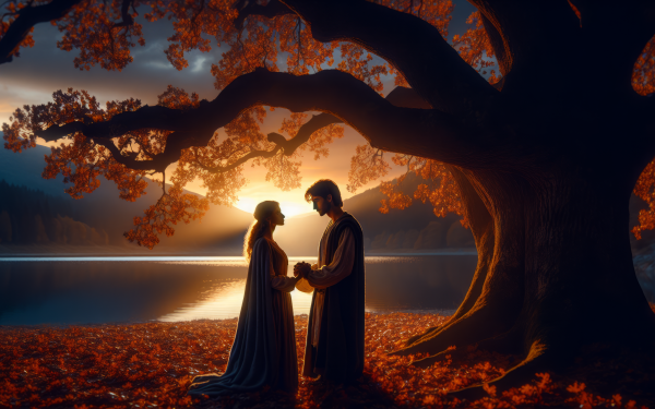 Romantic HD desktop wallpaper featuring a couple holding hands under a majestic oak tree with a stunning sunset and autumn leaves background.