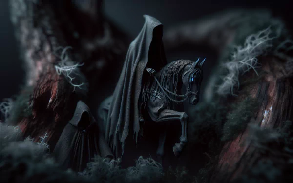 HD wallpaper of a Nazgûl on horseback in a mystical forest setting for desktop background.