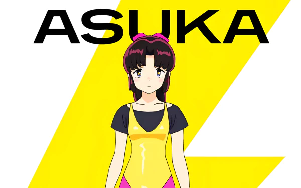 HD Anime Wallpaper of a female character from Urusei Yatsura 2022 with a vibrant yellow background and the name ASUKA displayed.