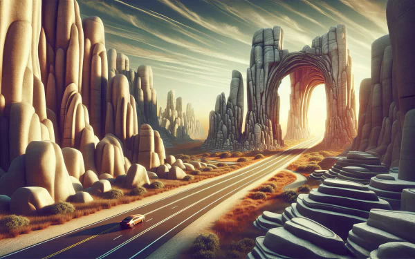 HD wallpaper of a scenic road trip with a car driving towards a majestic archway in a surreal desert landscape at sunset.