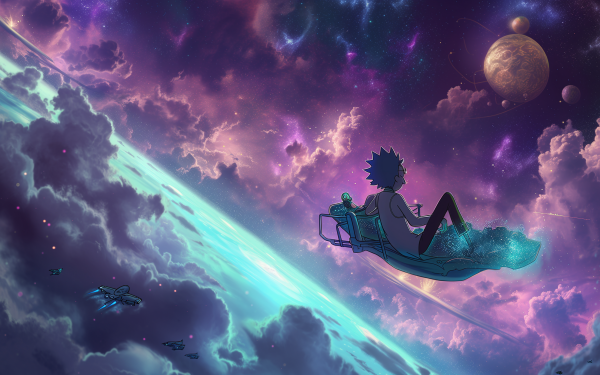HD wallpaper featuring an animated character resembling Rick Sanchez from Rick and Morty, cruising through a vibrant cosmic scene with stars, nebulae, and planets, perfect for a desktop background.