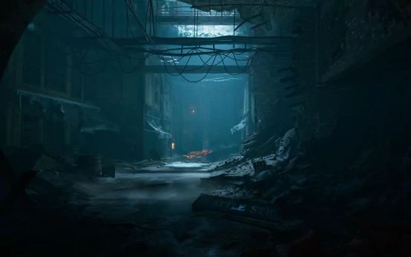 Dark, atmospheric HD wallpaper featuring a desolate urban landscape from the video game Vampire: The Masquerade - Bloodlines 2, illuminated by distant, eerie light.