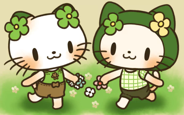 HD desktop wallpaper featuring cute Hello Kitty characters in green outfits with floral accents on a soft green background.