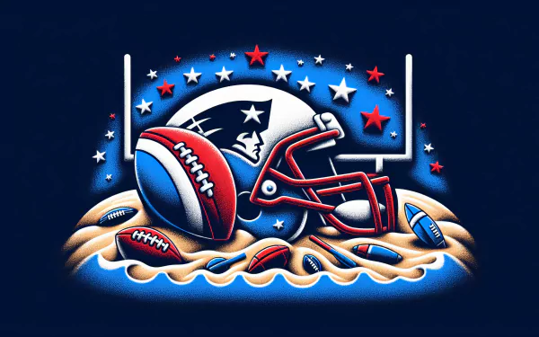 A vibrant HD desktop wallpaper featuring New England Patriots imagery, showcasing a helmet, footballs, and stars against a striking blue background.