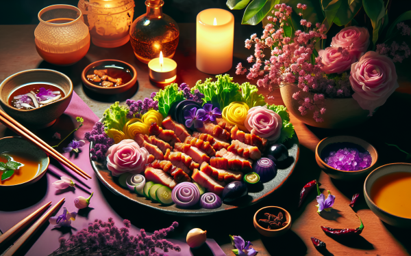 HD desktop wallpaper featuring a beautifully arranged plate of pork with vibrant garnishes, surrounded by bowls of soup, lit candles, and fresh flowers, perfect for a gastronomy-themed background.