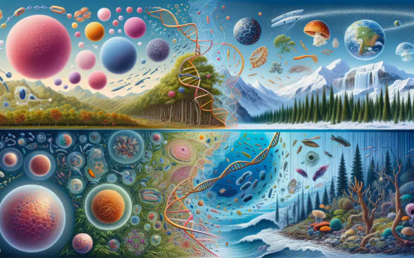 HD wallpaper featuring vibrant illustrations of biology themes with cells, DNA, and diverse ecosystems for desktop background.