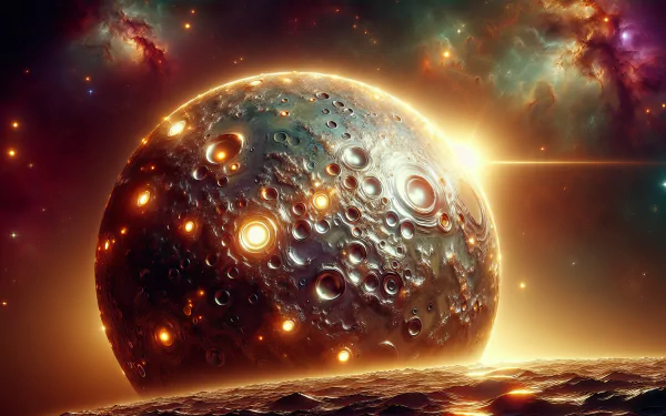 HD desktop wallpaper featuring the planet Mercury with a vibrant cosmic backdrop and shining craters.
