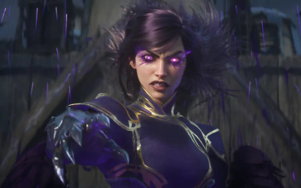 HD desktop wallpaper featuring the character Morgana from the video game League of Legends, with glowing purple eyes and magical energy surrounding her.