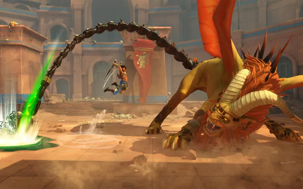 HD wallpaper from Prince of Persia: The Lost Crown featuring an action-packed scene with the main character battling a large dragon in a grand setting.