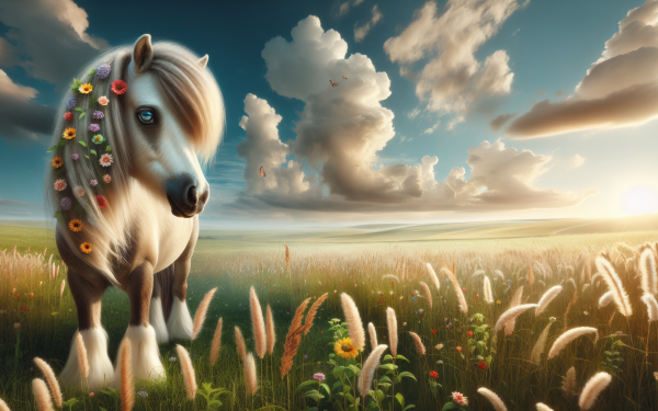 Decorated pony in a sunny meadow HD desktop wallpaper and background.