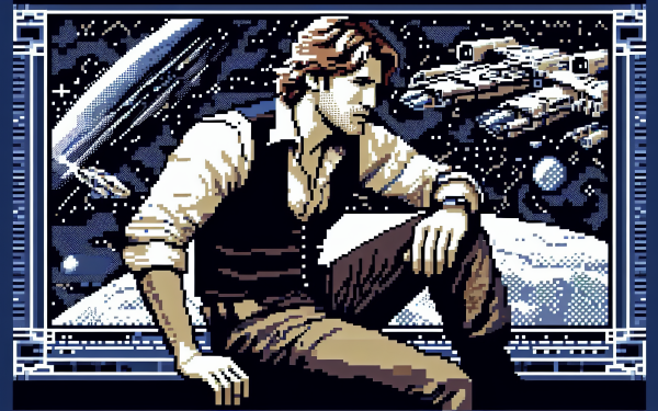 HD desktop wallpaper featuring a pixel-art-inspired representation of a character resembling Han Solo with the Millennium Falcon and space backdrop.