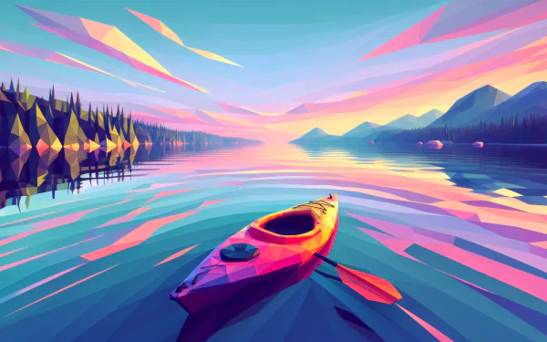 A vibrant kayak glides across a serene lake, reflecting colorful skies and mountains in the background, creating a stunning HD desktop wallpaper.