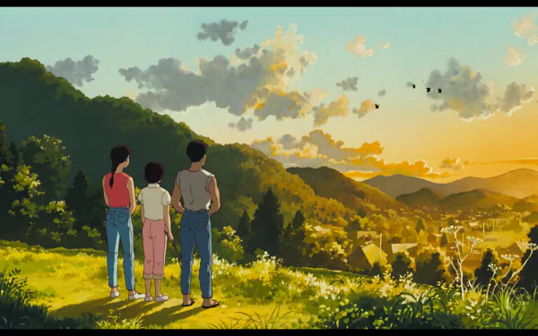 HD desktop wallpaper from Studio Ghibli's anime Only Yesterday, depicting three characters overlooking a sunlit valley with rolling hills and a vibrant sky at sunset.