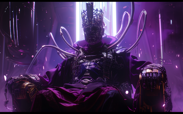 HD desktop wallpaper featuring a majestic emperor or king with a glowing crown and regal purple robe, set against a mystical purple backdrop.