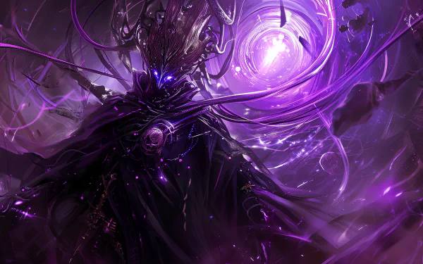 A mystical figure cloaked in dark robes, surrounded by swirling purple energies and glowing orbs, creates an enchanting HD desktop wallpaper that captivates the viewer.