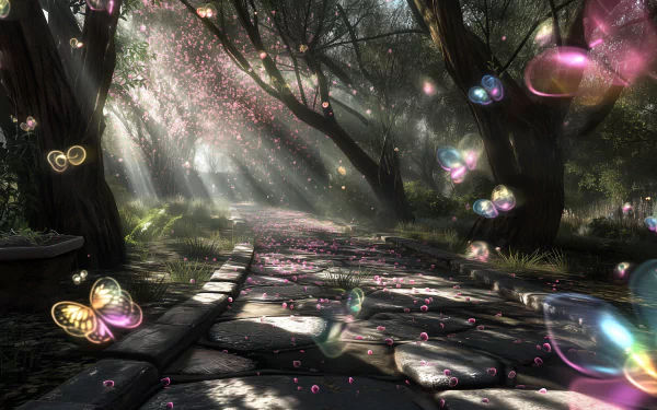 Enchanting forest path with sunlight rays and floating bubbles HD desktop wallpaper.