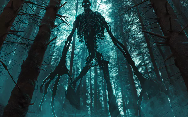 Mysterious Slender Man in a haunting fantasy wallpaper, blending horror with Sci-Fi elements in high definition.