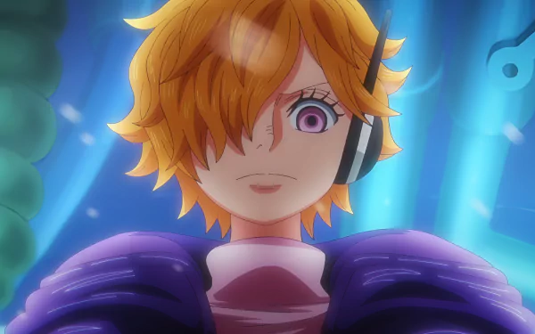 HD anime desktop wallpaper featuring Lilith from One Piece with orange hair, a confident expression, and a futuristic blue background.