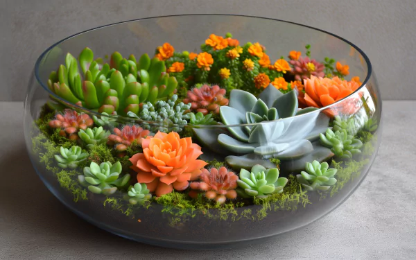 HD wallpaper of a vibrant terrarium with succulents and flowers for desktop background.