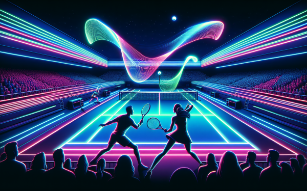 Neon-lit HD tennis wallpaper featuring silhouettes of players on a futuristic court surrounded by an immersive light show and an audience in the foreground.