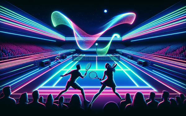 Neon-lit HD tennis wallpaper featuring silhouettes of players on a futuristic court surrounded by an immersive light show and an audience in the foreground.