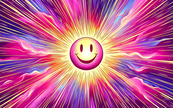 HD desktop wallpaper featuring a radiant smiley face with a vibrant explosion of pink and purple colors in the background.