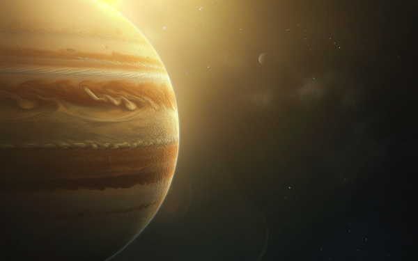 High-definition desktop wallpaper featuring the gas giant Jupiter with sun flare, perfect for space enthusiasts.