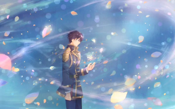 HD PC desktop wallpaper featuring anime character Arnold Hein from 7th Time Loop: The Villainess Enjoys a Carefree Life Married to Her Worst Enemy! surrounded by glowing petals.