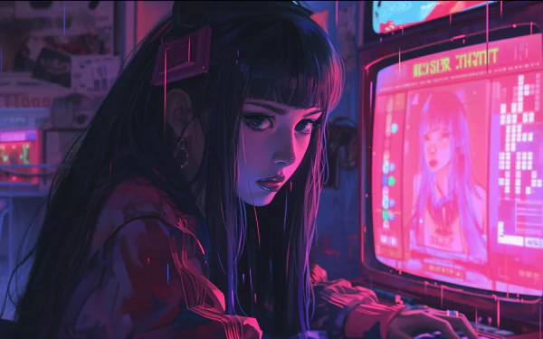 A HD desktop wallpaper featuring a sad lofi girl, illuminated by colorful neon lights from a computer screen, evokes a contemplative and nostalgic atmosphere.